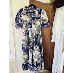 E.D. Michaels Floral Midi Dress Cottagecore Button Front Short Sleeve‎ Size 9 10